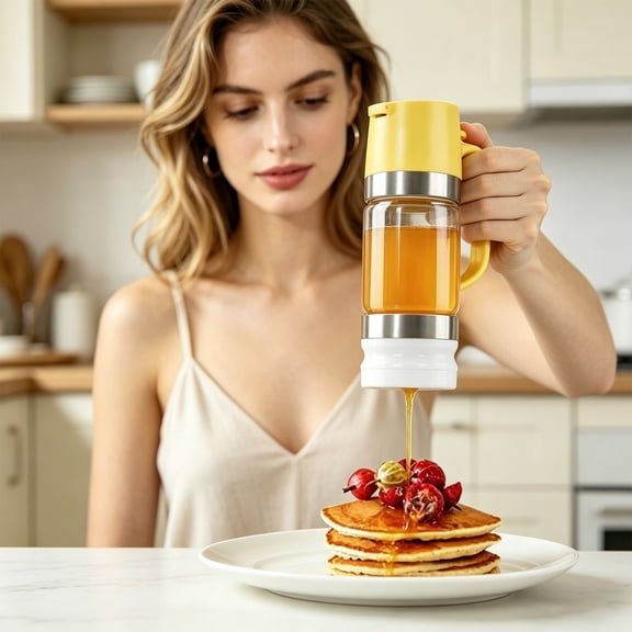 Honey Dispenser No Drip, Press-Type Glass Honey Dispenser, Maple Syrup Dispenser, Leak-Proof Airtight Storage Jar with Handle, Syrup Dispenser, ump Style Container for Syrup 1Pcs