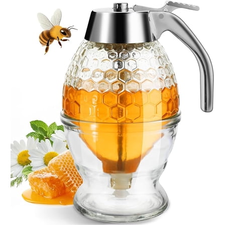 Honey Dispenser, Glass Honey Dispenser No Drip, Honey Pot with Stand, 8 oz Honey Jar, Maple Syrup Honey Container, Elegant Honeycomb Design for Home Decor for Any Occasion