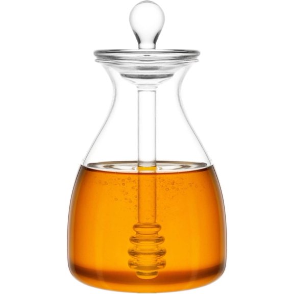 Honey Dispenser Glass Honey Pot Honey Jar with Dipper Sticks and Lid Cover Honey Containers Holder for Kitchen, 14 Ounces