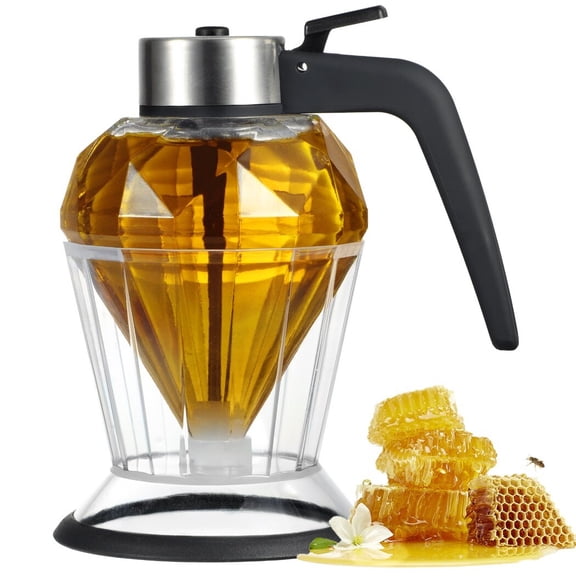 Honey Dispenser, Glass Syrup Dispenser for Pancakes, Elegant Diamond Shaped Honey Pot, Honey Jar with Stand Base, No Drip Sauce Dispenser for Edible Oil, Vinegar, Soy sauce