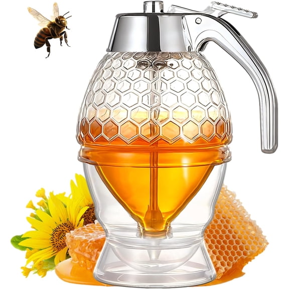 Honey Dispenser, Honey Dispenser No Drip Glass with Stand, Honey Container & Coffee Syrup Dispenser, Honeycomb Honey Jar, Honey Pot Bottle for Maple Syrup Bee