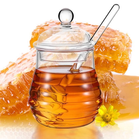 Glass Honey Jar, Honey Dispenser with Dipper and Lid, 8.4 Ounce Honey Pot Container for Honey Home Kitchen Tea Syrup Sugar