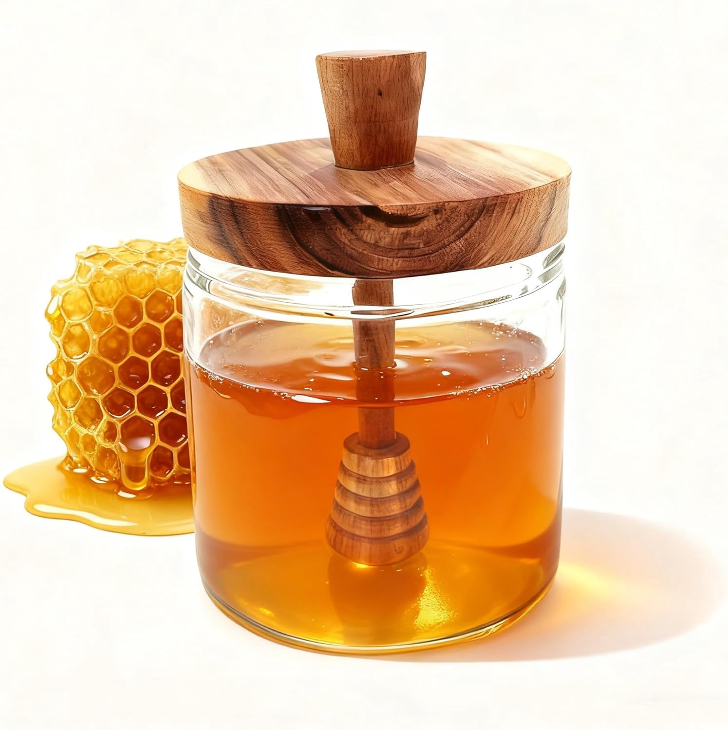 Honey Dispenser No Drip, Glass Honey Jar with wooden Dipper and Lid, Wide-Mouth Large Honey Pot/Container for Syrup Storage-16 Oz