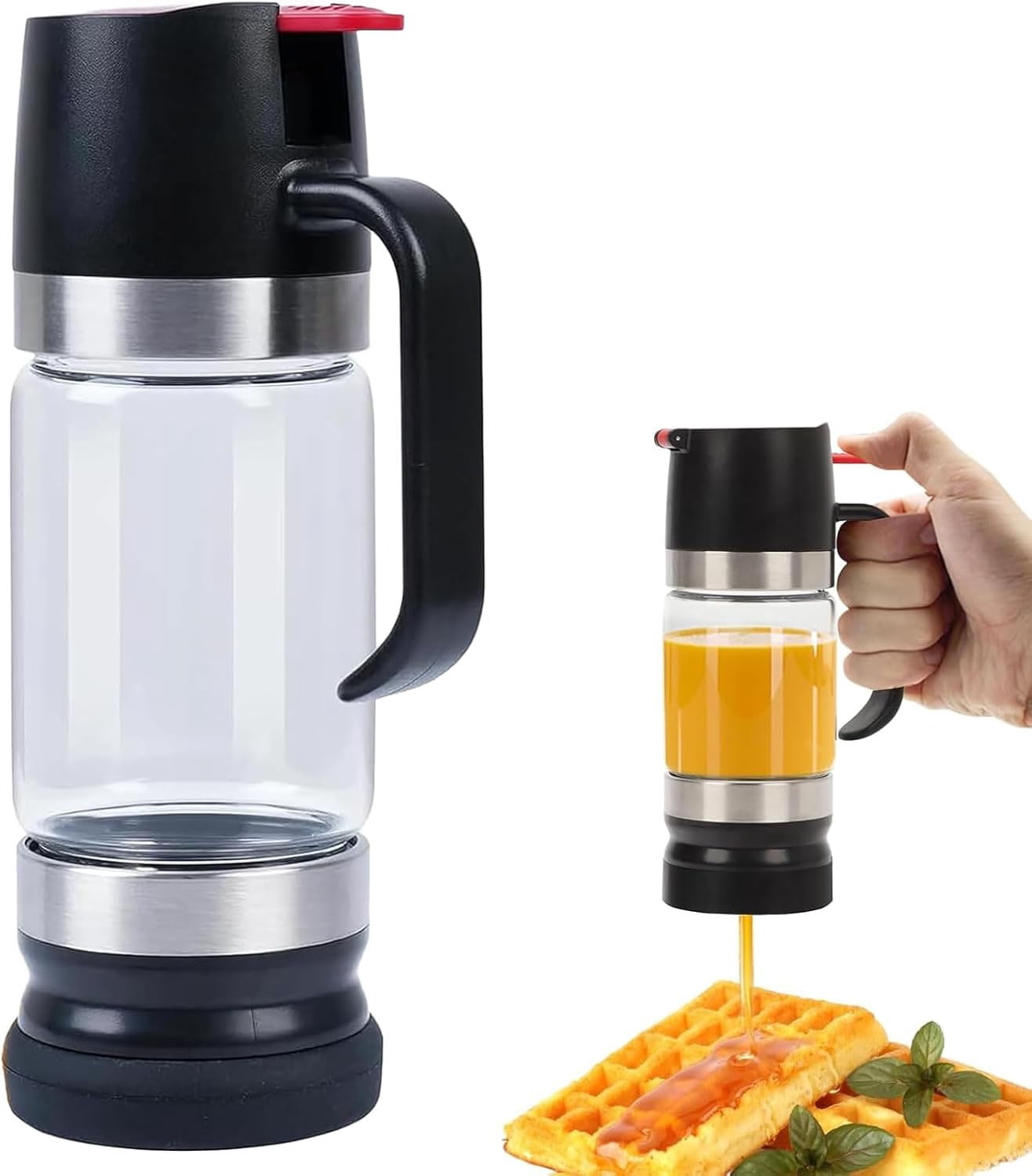 Honey Dispenser with Base, 12 OZ Glass Honey Jar No Drip, Pressure Valve Bottle for Syrup Jam, Black(XX)