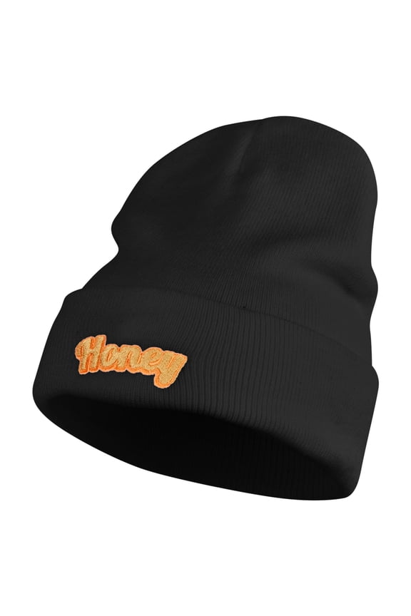Honey Embroidered 12 Inch Long Knitted Beanie - Black OSFM