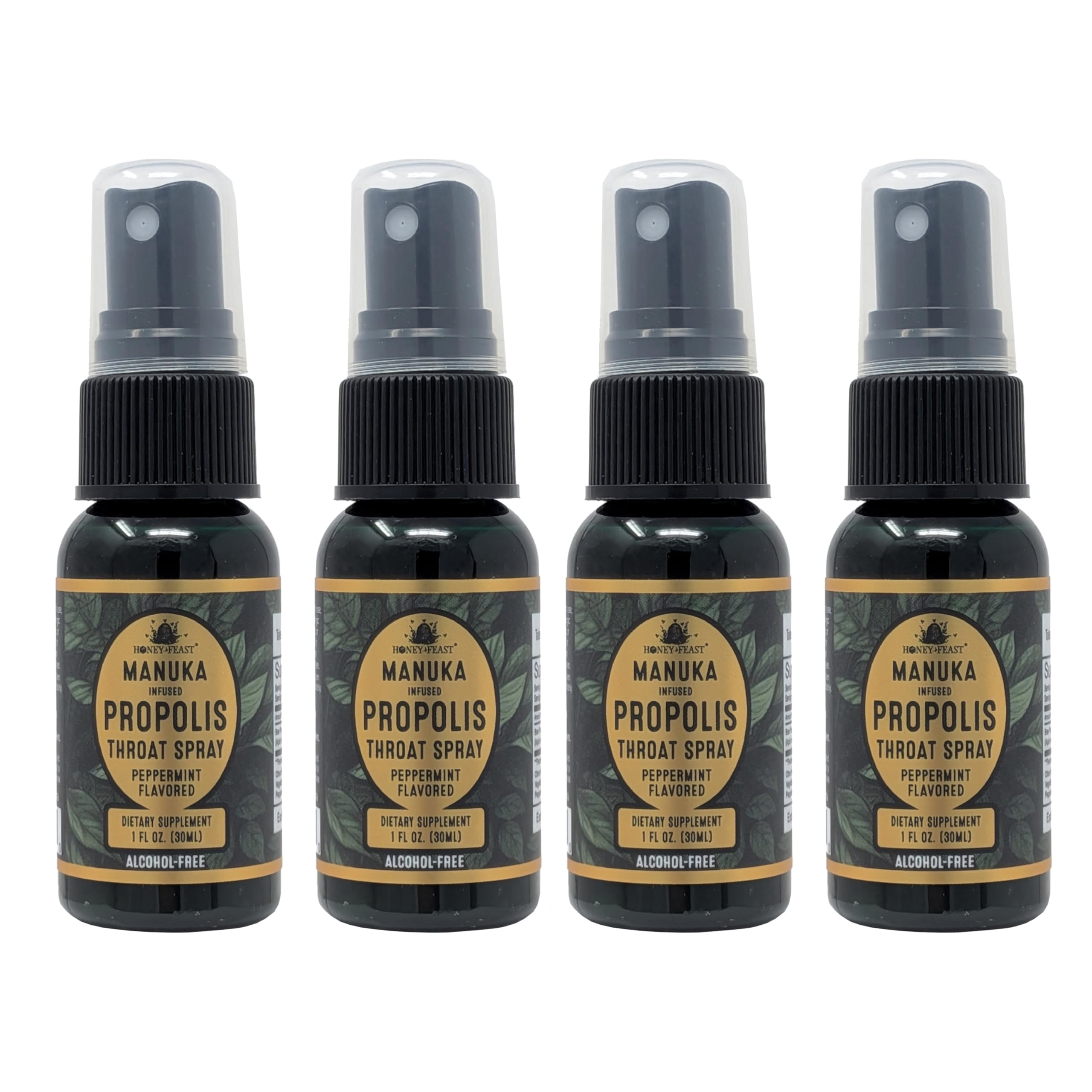 Honey Feast Manuka-Infused Propolis Throat Spray – 95% Bee Propolis Extract with Peppermint, Alcohol-Free Immune & Throat Support – Clean Antioxidants (4 x 1 fl oz)