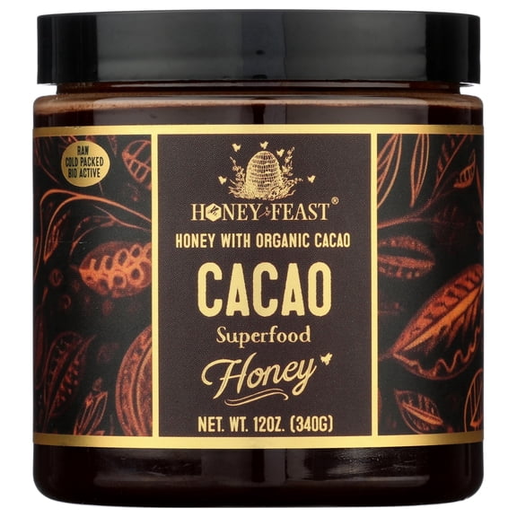 HONEY FEAST Raw Honey with Organic Cacao, 12oz | Chocolate Honey | Gourmet Cocoa Flavor | Raw Cacao Superfood Blend | Perfect for Foodies & Gifts | Sustainable Central Florida Apiary