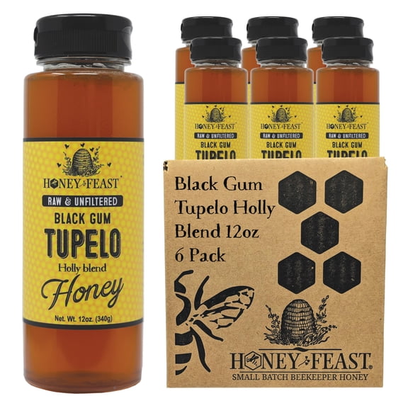 Honey Feast Tupelo Honey 12OZ (Pack of 6) - Pure Raw Authentic Honey from Black Gum Tupelo
