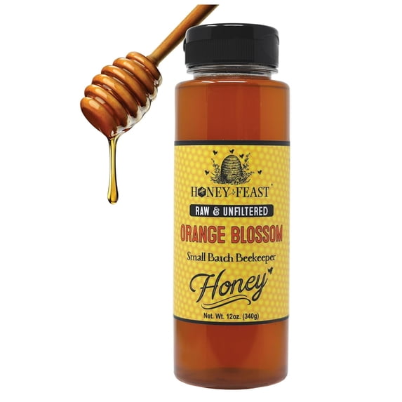 Honey Feast Unfiltered Raw Orange Blossom Honey, 12oz Pure, Natural, Perfect Food Gift Idea