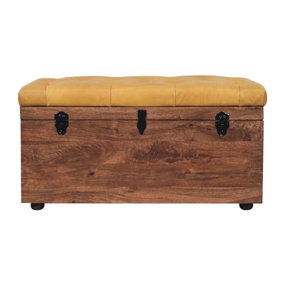 Honey Finished Mango Wood Storage Box With Buffalo Hide Trim Chest Detailing