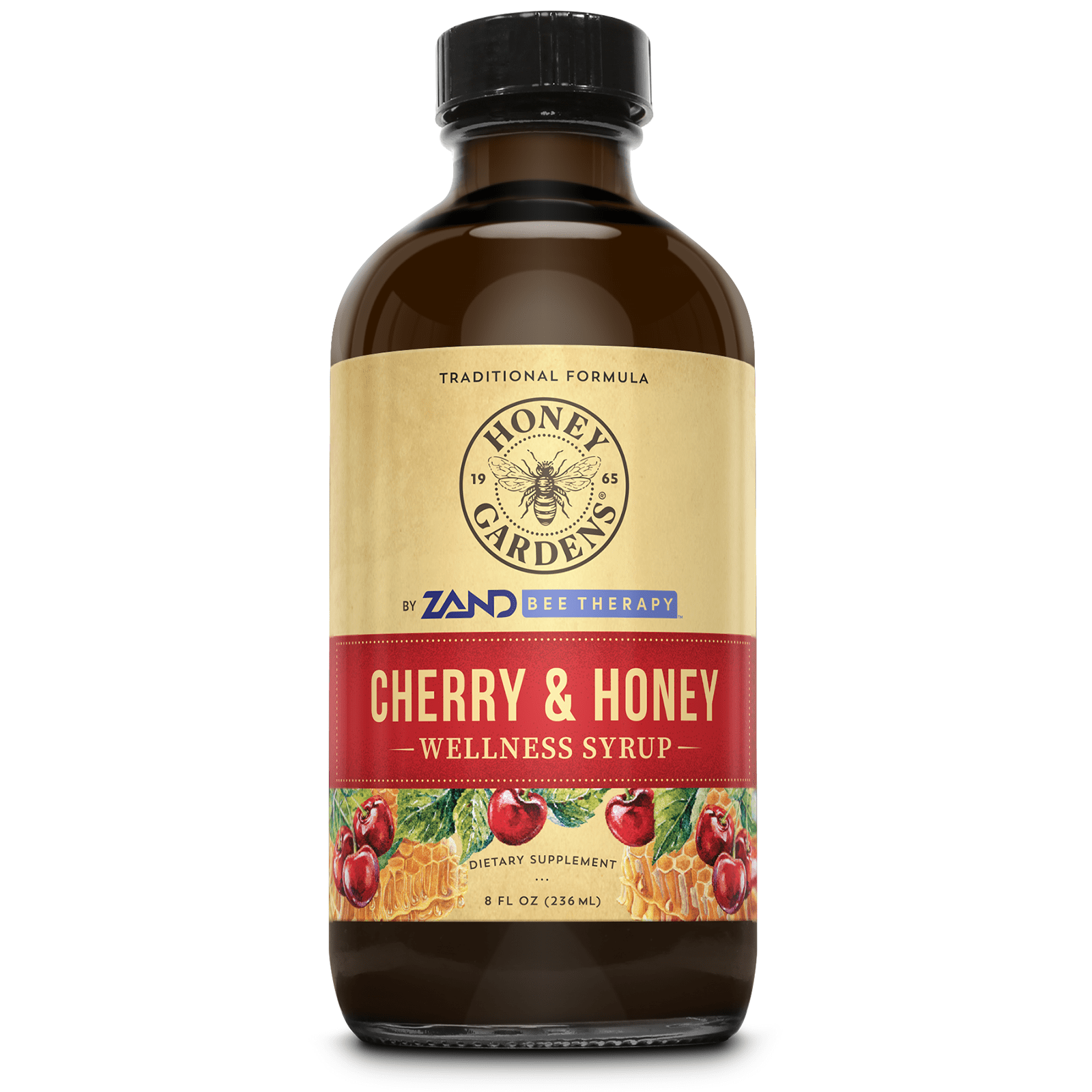 Honey Gardens Cherry & Honey Soothing Throat Syrup, Apitherapy Formula with Organic Raw Honey, Organic Apple Cider Vinegar, Black Cherry, and Herbal Extracts, 48 Servings, 8 FL. OZ.