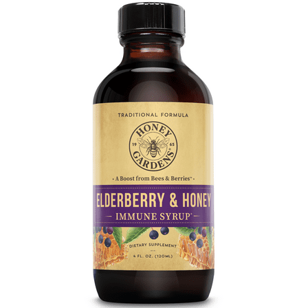 Honey Gardens Elderberry Syrup w/ Apitherapy Raw Honey, Propolis & Elderberries | Immune Formula | 24 Serv | 4 fl. oz.