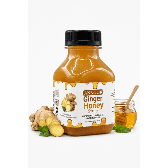 Honey Ginger Syrup by Annoor | 8.5 Oz | NFC | Raw Wildflower Honey and Cold Press Ginger Juice | No Pulp | Use in Tea, Coffee, Cocktail, Water Taste Enhancer, Health Shots, Salad Dressing & Cooking