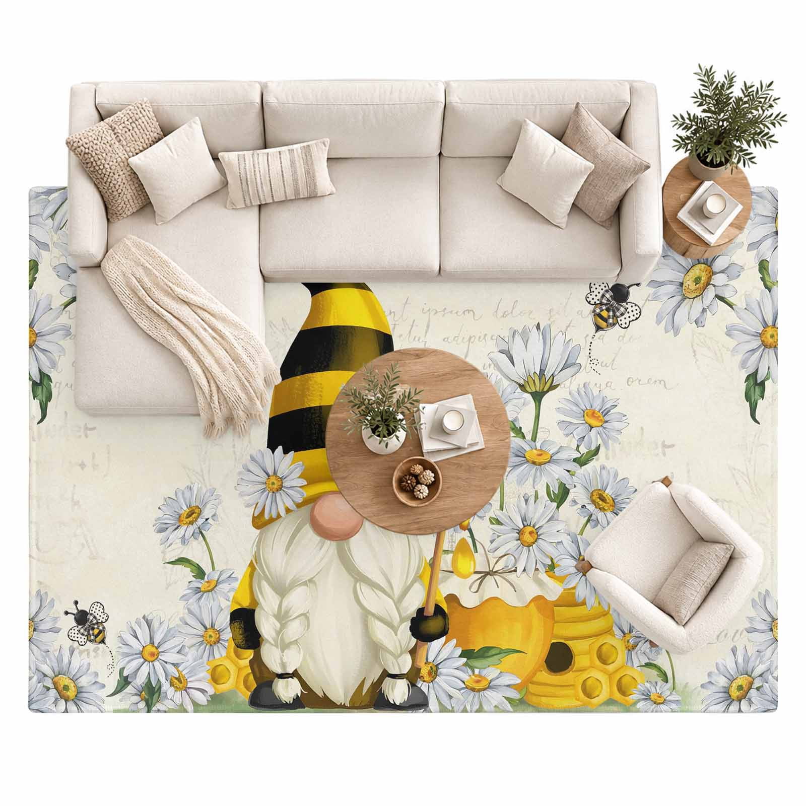 Honey Gnome Area Rug 8'x10', Daisy Bee Pastoral Farmhouse Retro ...