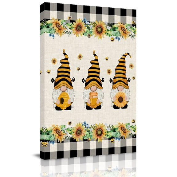 Honey Gnome Canvas Wall Art for Living Room, Yellow Sunflower Black Plaid Vintage Linen Farms Wall Decor Framed Artwork Pictures Ready to Hang for Bedroom Office Home Decor