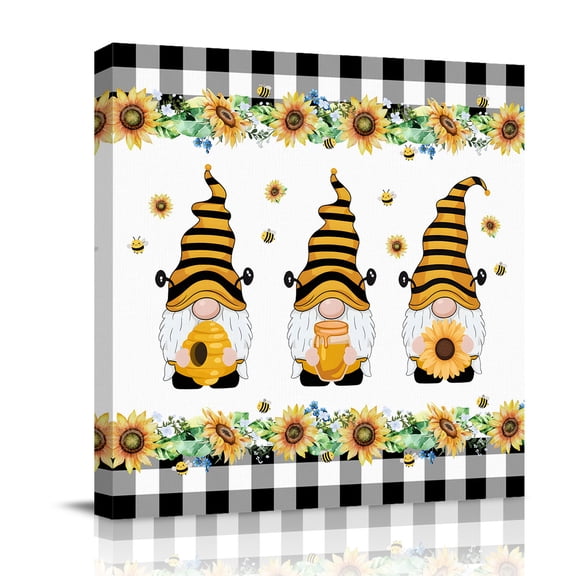 Honey Gnome Canvas Wall Art for Living Room, Yellow Sunflowers Bee Black Plaid Farm Plant Poster Print Painting for Bedroom Office Home Decoration Wall Pictures Prepare To Hang 8"x8"
