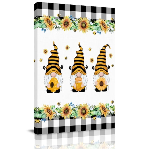 Honey Gnome Canvas Wall Art for Living Room, Yellow Sunflowers Bee Black Plaid Farm Plant Wall Decor Framed Artwork Pictures Ready to Hang for Bedroom Office Home Decor