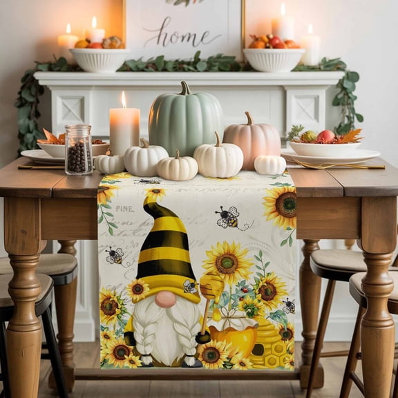 Honey Gnome Cotton Linen Table Runner, Washable Table Runners for Kitchen, Dining Room, Holiday, Home Party Table Decor, 13x72 Inches