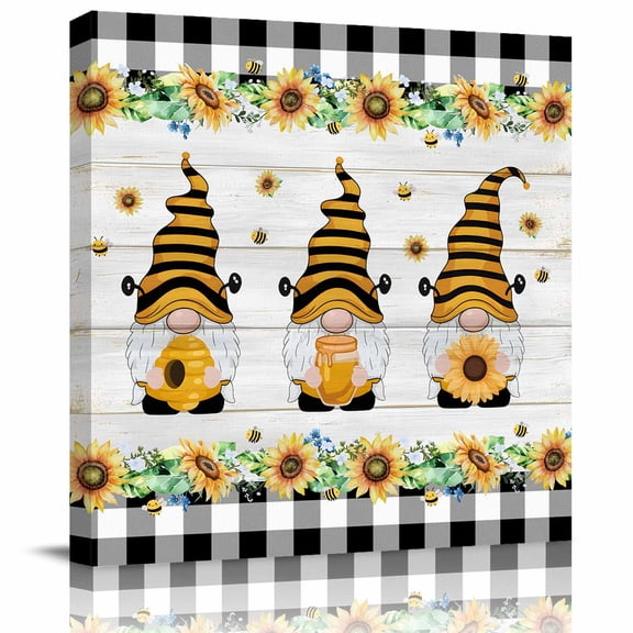 Honey Gnome Framed Canvas Wall Art, Yellow Sunflowers Bee Black Plaid Wood Stripes Wall Art Painting for Living Room Bedroom Home Decor, 12”x12”, Office Artwork Print