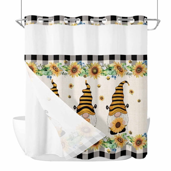 Honey Gnome No Hook Shower Curtain with Snap in Liner Yellow Sunflower Black Plaid Vintage Linen Farms Waterproof Bathroom Shower Curtain with See Through Top Window for Bathtub 72" x 78"