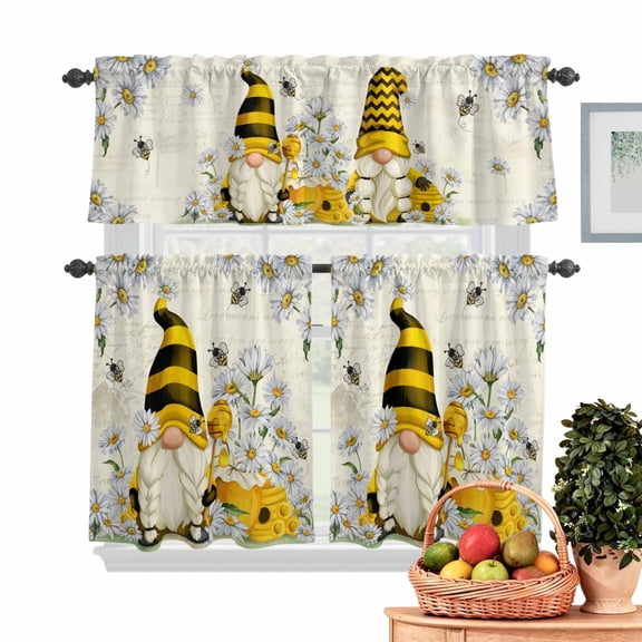 Honey Gnome Kitchen Curtains Valances 3 Piece Set, Daisy Bee Pastoral Farmhouse Retro Background Rod Pocket Tier Curtain and Valance Drapes for Small Window 24 Inch Length for Bedroom Cafe