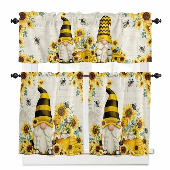 Honey Gnome Kitchen Curtains Valances and Tiers Set of 3, 24 Inch Length Tier Curtains and Valance Rod Pocket Valance Curtains Set for Kitchen Bathroom Small Windows
