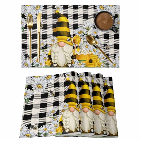 Honey Gnome Placemats Set of 1 Daisy Bee Pastoral Farmhouse Black Buffalo Plaid Heat Insulation Washable Place Mats, Rustic Non-Slip Table Mats for Dining Table Party Kitchen Decor,13x19 Inch