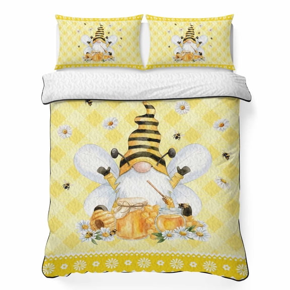 Honey Gnome Queen Quilt Bedding Set, Watercolor Honey Bees Floral Yellow Plaid Lightweight Comforter with 2 Pillow Shams Bedroom Bedspread Set Home Decor for All Seasons