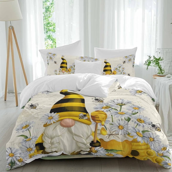Honey Gnome Queen Size Comforter Set, Daisy Bee Pastoral Farmhouse Retro Background Bedding for All Seasons, 4 Pcs Bed Set, 1Quiltcover (90"x92") ,1Sheet(94"x116"), 2Pillowcases (30"x20")