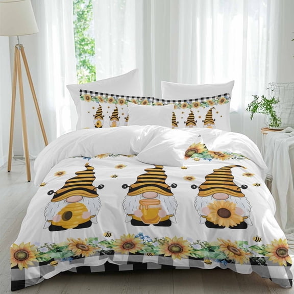 Honey Gnome Queen Size Comforter Set, Yellow Sunflowers Bee Black Plaid Farm Plant Bedding for All Seasons, 4 Pcs Bed Set, 1Quiltcover (90"x92") ,1Sheet(94"x116"), 2Pillowcases (30"x20")