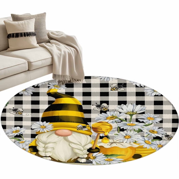 Honey Gnome Round Area Rug 3ft Daisy Bee Pastoral Farmhouse Black Buffalo Plaid Non-Slip Washable Circle Rugs Soft Felt Indoor Floor Mat for Bedroom Kitchen Living Room Bathroom