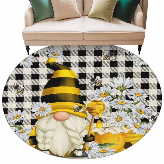 Honey Gnome Round Area Rug 5ft Daisy Bee Pastoral Farmhouse Black Buffalo Plaid Non-Slip Washable Circle Rugs Soft Felt Indoor Floor Mat for Bedroom Kitchen Living Room Bathroom