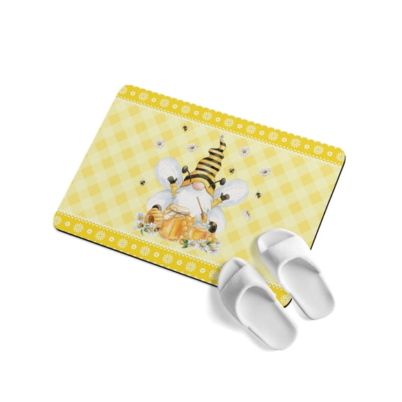 Honey Gnome Soft Diatomaceous Earth Mat, Watercolor Honey Bees Floral Yellow Plaid Absorbent Bath Mat Non Slip Rubber Backed Quick Dry Doormat Fit Under Door for Bathroom Kitchen 24"x36"