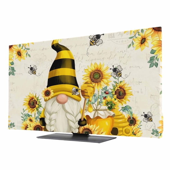 Honey Gnome TV Dust Cover 24 Inch, Sunflower Bee Pastoral Farmhouse Rero Background Computer Monitor Cover Dustproof Stretchable Indoor TV Screen Protector for LED LCD Universal Monitors