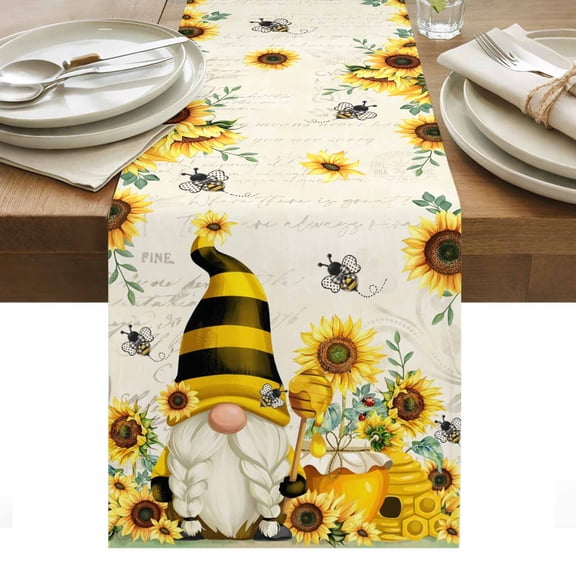 Honey Gnome Table Runner 13 x 36 Inch, Sunflower Bee Pastoral Farmhouse Rero Background Washable Cotton Linen Dining Table Runner Tabletop Decorations for Restaurant Home Kitchen Party