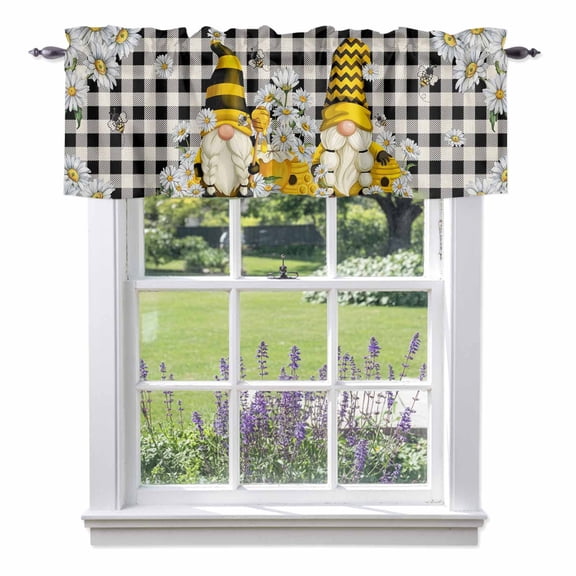 Honey Gnome Valances for Windows, Daisy Bee Pastoral Farmhouse Black Buffalo Plaid Valance Window Treatment Rod Pocket Short Curtains Valances for Kitchen Bathroom 54"W x 18"L