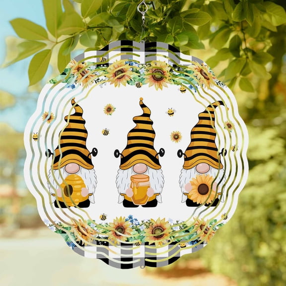 Honey Gnome Wind Spinner for Garden Yard 10In, Yellow Sunflowers Bee Black Plaid Farm Plant 3D Stainless Steel Kinetic Hanging Wind Spinners Rustproof Outdoor Decor for Lawn Patio Home