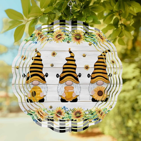 Honey Gnome Wind Spinner for Garden Yard 8In, Yellow Sunflowers Bee Black Plaid Wood Stripes 3D Stainless Steel Kinetic Hanging Wind Spinners Rustproof Outdoor Decor for Lawn Patio Home