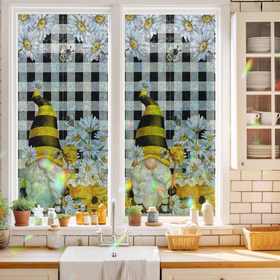 Honey Gnome Window Privacy Film Daisy Bee Pastoral Farmhouse Black Buffalo Plaid Static Cling Stained Glass Window Film Non-Adhesive Decorative Decals Rainbow Sticker 17.7"X39.3"