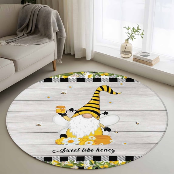Honey Gnomes Round Rug 3ft Washable Circle Entryway Rugs Non Slip Spring Botanical Lemons Leaves Wooden Grain Area Rug Indoor Floor Carpet for Bedroom Kitchen Living Room Home Office Dining Room