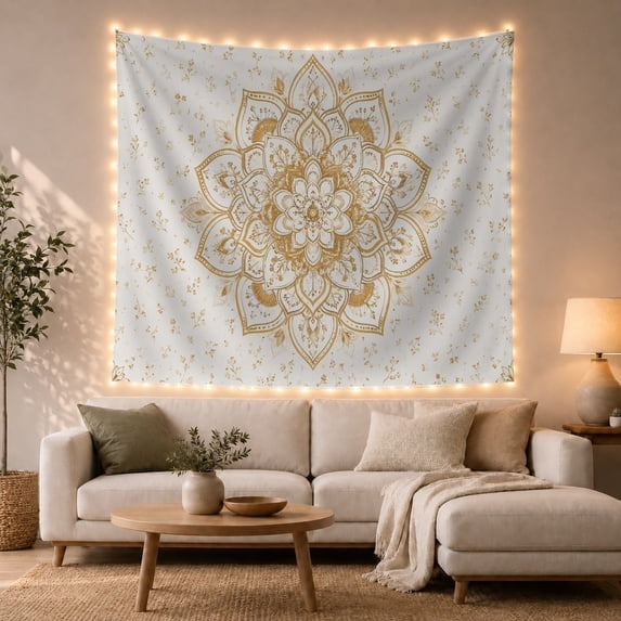 Honey Gold Mandala on Mottled Ivory, Calming Folk Art for Meditation Enthusiasts, Botanical Home Decor, Housewarming Gift, Tapestry Wall Hanging for Bedroom and Living Room