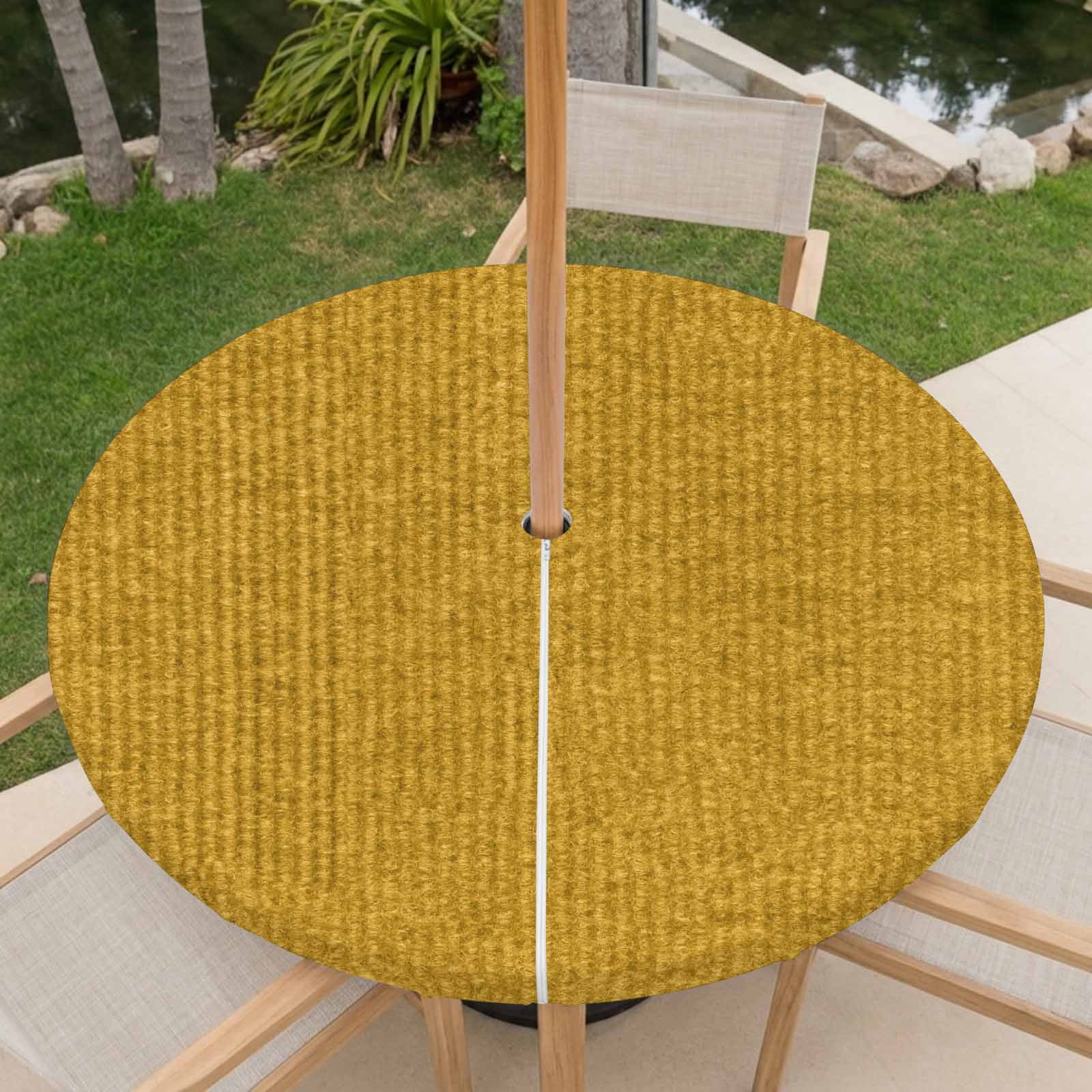 Round Rusty Table Honey Gold Outdoor Tablecloth with Umbrella Hole, Mustard Yellow ...