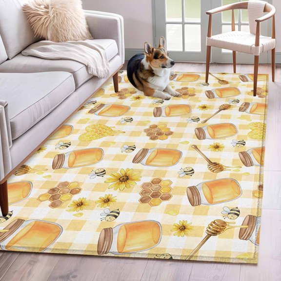 Honey and Honeycomb Area Rugs 4x6 ft Yellow Theme Bee Sunflower Buffalo Plaid Washable Rug Non Slip Indoor Carpet Absorbent Floor Mat for Living Room Bedroom Dining Room