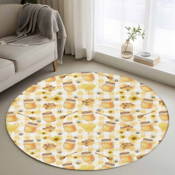 Honey and Honeycomb Round Rugs for Living Room 3ft Yellow Theme Bee Sunflower Buffalo Plaid Non Slip Circle Rug Washable Low-Profile Indoor Carpet for Bedroom, Dining Room, Bathroom