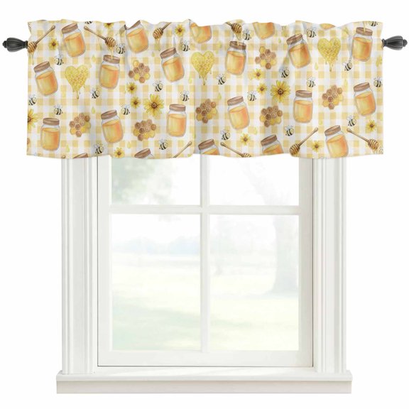 Honey and Honeycomb Valances for Windows Yellow Theme Bee Sunflower Buffalo Plaid Rod Pocket Curtain Valance Window Treatment Short Curtains for Kitchen Living Room, 42"x18"