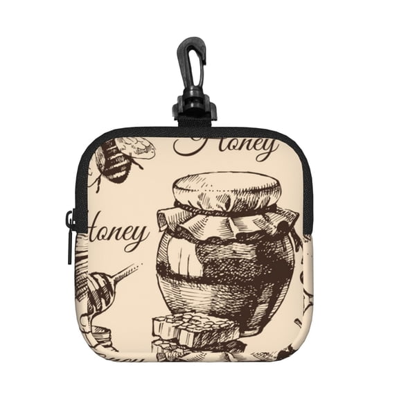 Honey Honeycomb Vintage Square Gear Pouch with Lobster Clasp Waterproof Tech Accessory Organizer, Key & Coin Case