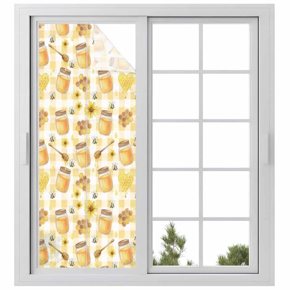 Honey and Honeycomb Window Privacy Film, Yellow Theme Bee Sunflower Buffalo Plaid Frosted Glass Window Clings Static Cling UV Heat Blocking Reusable Door Sticker for Bathroom 23.6 x 59 Inch