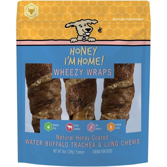 Honey I'm Home Natural Honey Coated Buffalo Wheezy Wraps Lung Wrapped Trachea Dog Treats, 6-in, 3-pk