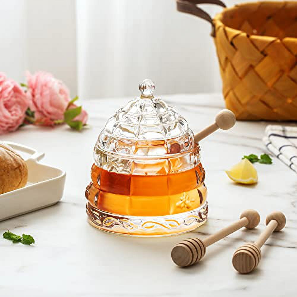Honey Jar Dish with 3 Dippers, Honey Jar and Dipper Set, Large Glass Honey Pot storage with Lid