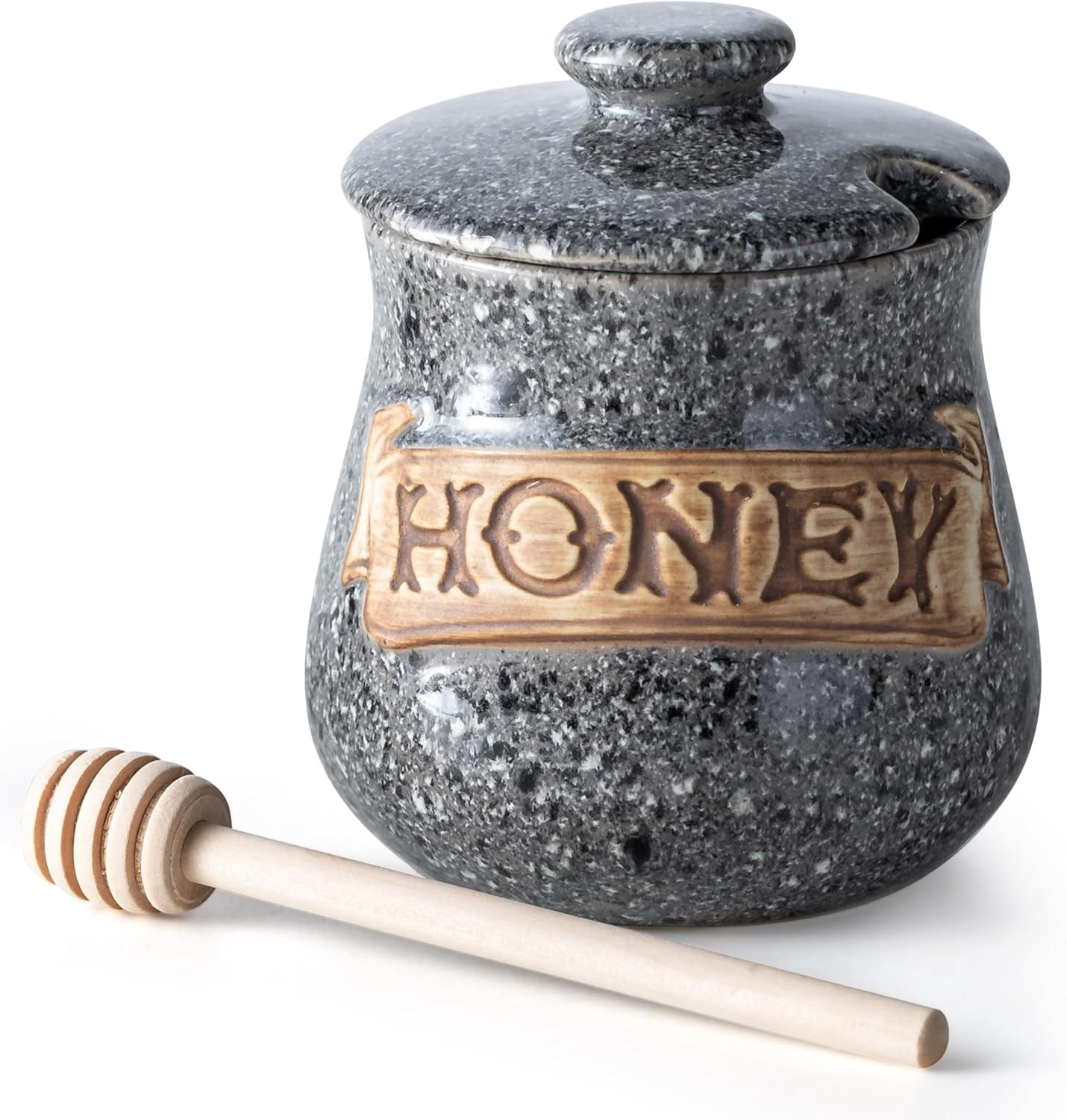 Honey Jar, Honey Pot, Honey Dispenser 12oz Grey Ceramic Honey Jar with Wood Dipper & Lid – Multi-Use for Fruit Syrup/Jam, Kitchens & Coffee Bars, Grey